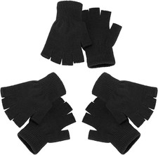 3 Pairs Fingerless Gloves Half Finger Black Knit Gloves