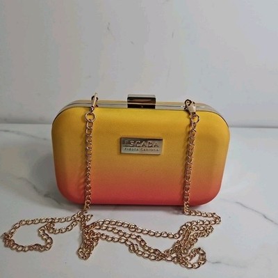New Escada Fiesta Carioca Pink Yellow Gold Chain Clutch Purse 6x4''