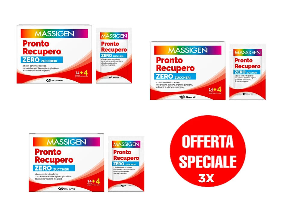 3X MASSIGEN PRONTO RECUPERO ZERO ZUCCHERI 54 BUSTINE CREATINA CARNITINA VITAMINE