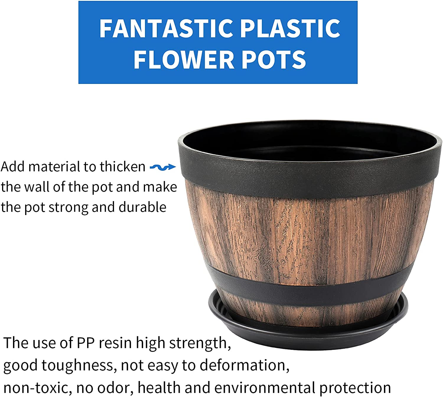 Plant Pots with Drainage Holes & Saucer, 9 Inch ,2 Pack Barrel Planters