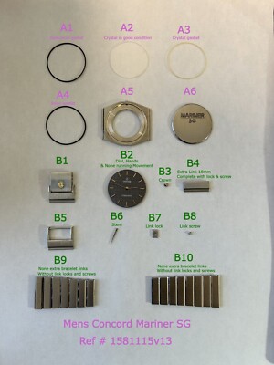 Concord Mariner SG watch part case movement crystal 18mm link crown stem dial 2