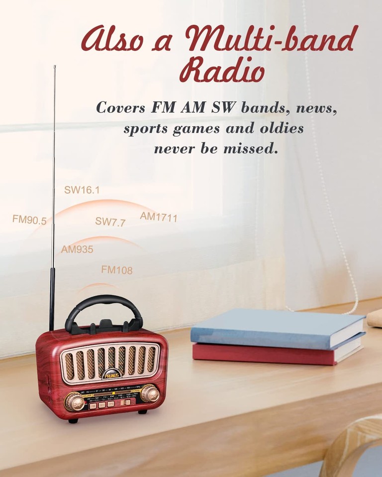 AM/FM/SW Retro Radio mit Bluetooth 5.0, Nostalgie Radios Klein mit 1800mAh Akku, Küchenradio & Kofferradio mit 5-W-Lautsprecher, Unterstützt USB/TF/AUX, Vintage Radio für Zuhause, Büro, Outdoor