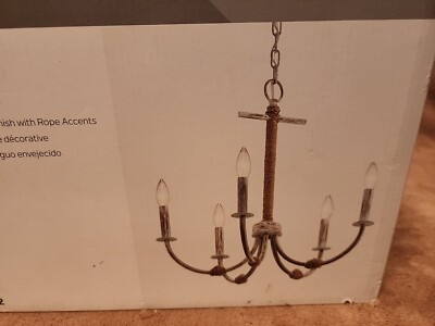Kichler Minnow Chandelier 5 Light Distressed Antique White Coastal Anchor Rope