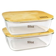 Glass Container with Bamboo Lid 2 Pack of 50oz Large food storage Lids Meal Prep