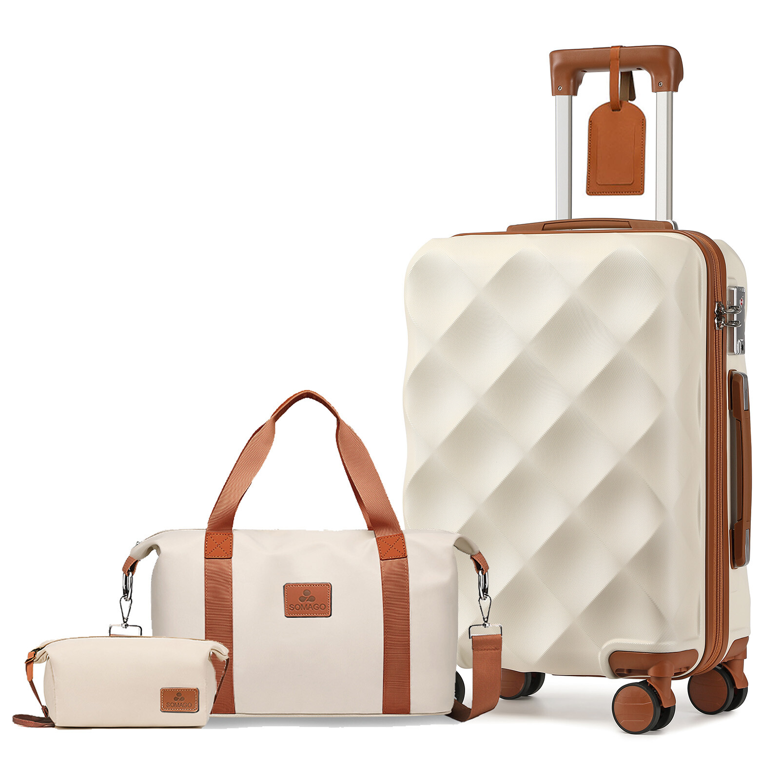 Suitcase Diamond Carry On Bag Trolley Beige