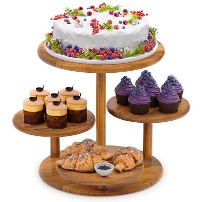 Brown Acacia Wood Cupcake Stand 4 Tier Dessert Tower Holds 50 Cupcakes