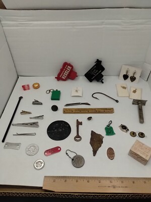 Vintage Junk Drawer Lot Advertising Rings Tokens Key Dog License Tie Clip  #11