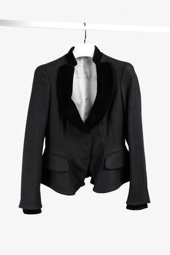 Alexander McQueen PF/12 Black Wool & Cashmere Velvet-Collar Peplum Blazer, Sz M - Picture 2 of 11