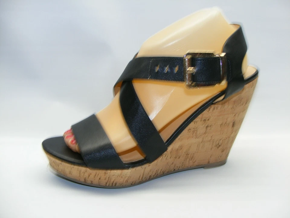 Casa de Muñecas Mujer Negro Plataforma Tacones Cuña 10 M Cuero Correa Zapatos Foto 3 de 4