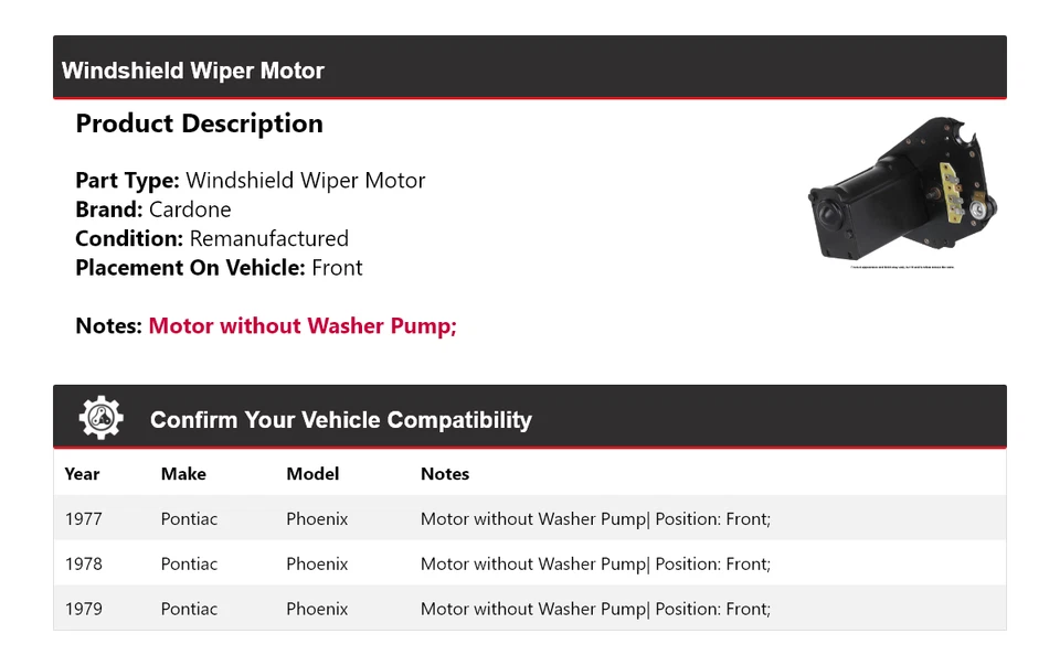 Para Pontiac Phoenix 1977-1979 Limpiaparabrisas Motor Delantero Cardone 1978 Foto 2 de 4