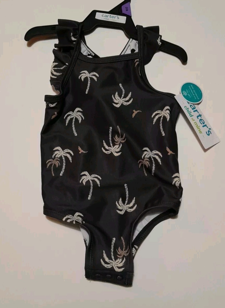 Carters Girls One- Piece Palm Tree Gray Swimsuit New With Tags Size 12 Months 