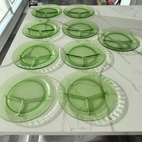 RARE Vintage Uranium Dinner Plates Anchor Hocking Block Optic Divided Grill 10.5