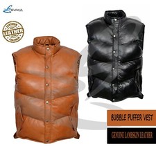 MEN'S GENUINE SOFT LAMBSKIN LEATHER BUBBLE PUFFER VEST BLACK & TAN ~Hot Seller!