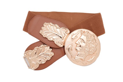 Women Brown Wide Elastic Waistband Belt Gold Metal Greek Coin Buckle Size S M - Picture 21 of 24