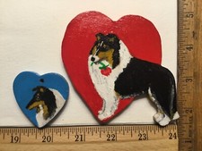 2 Handmade Wooden Handpainted TRI-COLOR COLLIE Valentine Ornament/Plaque/Magnet