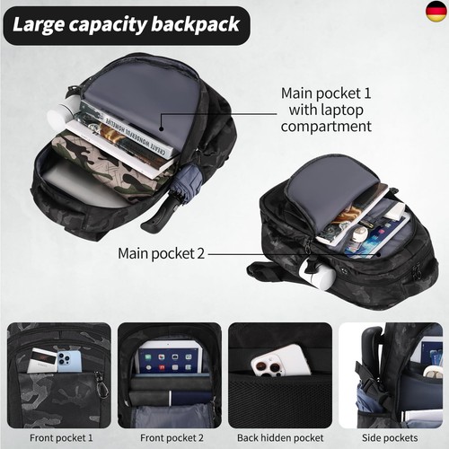 FRONET Schulrucksack Jungen Teenager Schule Rucksack Herren 17.3 Zoll Laptop, - Bild 3 von 7