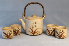 Japanese Stoneware Teapot Set Oatmeal Crater Glaze Grass Berry Motif 5pc