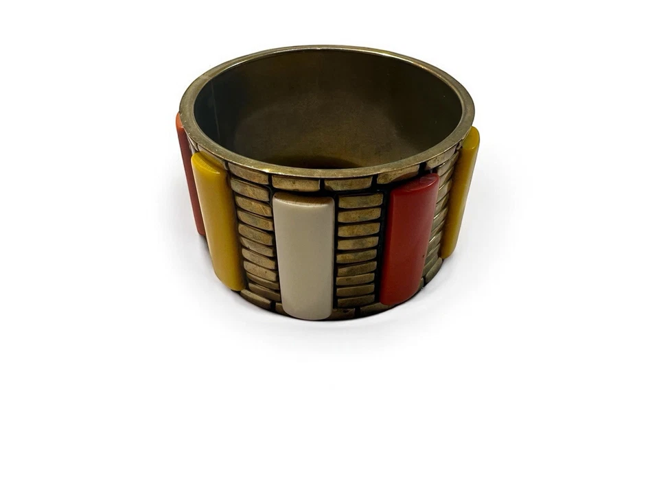 Vintage Brass & Lucite Bangle Bracelet -Orange, Yellow, White Retro Funky Design - Image 3 of 3