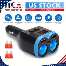 2 Way,Car Cigarette Lighter Socket Splitter Dual USB QC3.0 Charger Power Adapter