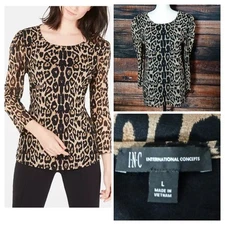 INC International Concepts Top Size Large Leopard Print Puff 3/4 Sleeve Nylon 