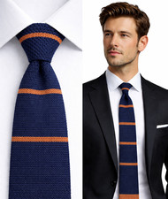Herren Strickkrawatte Feinstrick Marineblau Braun Gold Gestreift Freizeit Formell Arbeit UK