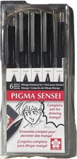 Sakura Pigma Sensei Manga 6 Piece Drawing Set Archival Black Ink Pens Waterproof