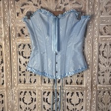 SZIVYSHI Sky Blue Overbust Corset Top Lace-Up Bustier Waist Cincher Small