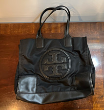 Tory Burch Black Logo Tote Bag Zip Closure Gold Hardware Double Handles
