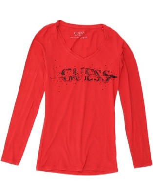 Guess Damen Grafik Top Langarm UK 8 Small Rot Baumwolle CV06
