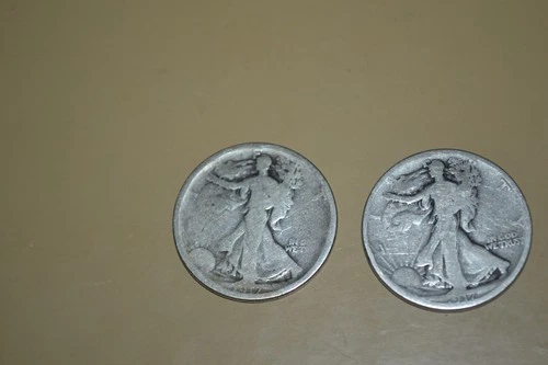 PAIR OF (2) 1917s WALKING LIBERTY HALF DOLLAR COINS 90% SILVER ABOUT GOOD TO VG