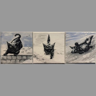 ''Schwarze Katze im Schnee'' 3 in 1 Triptychon LiBo Art Gallery Gemälde auf Leinwand