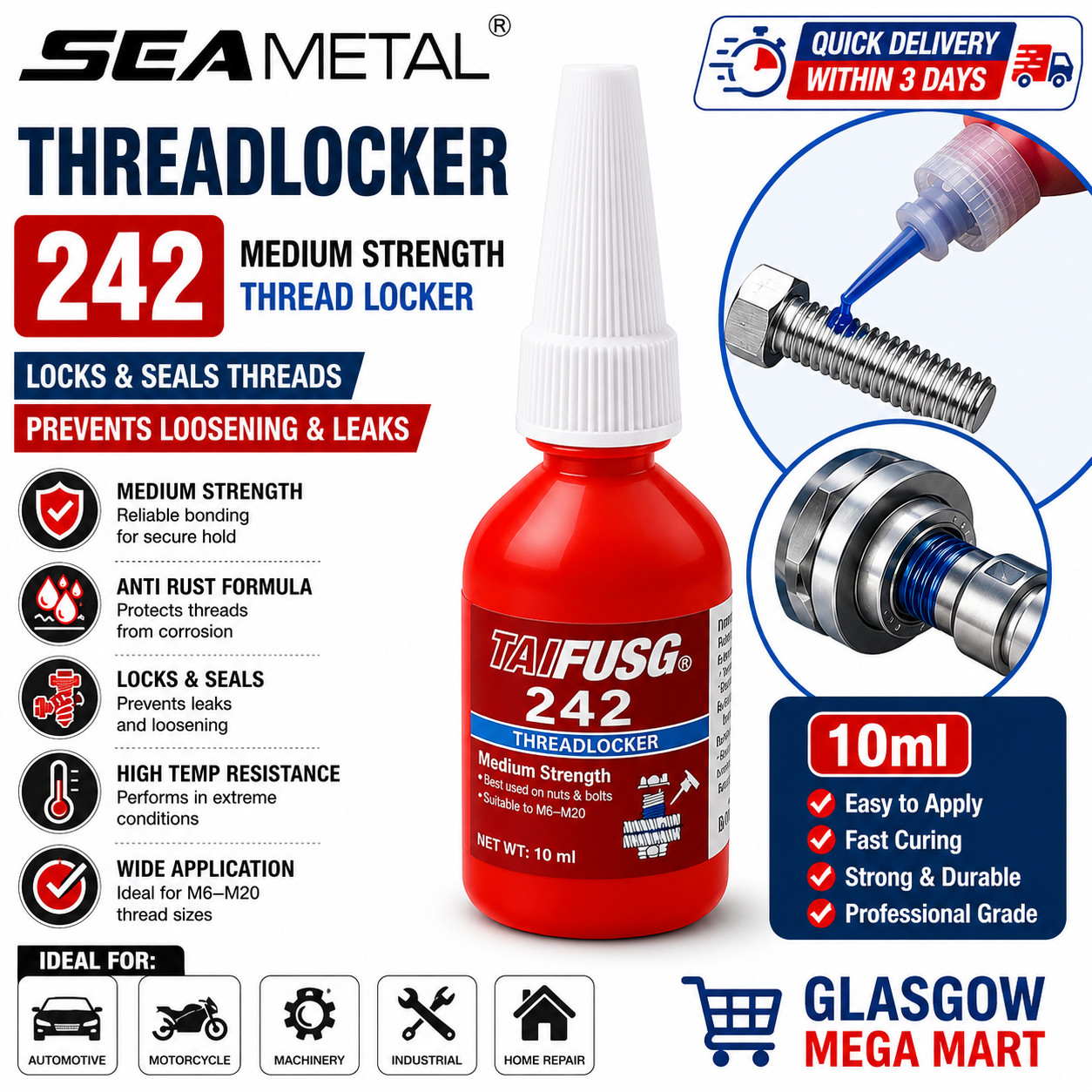 Threadlocker 242 10ml Medium Strength Blue Thread Locking Compound Glue