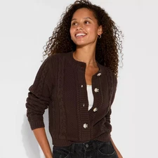 Women's Crewneck Heritage Cable Cardigan - Wild Fable Brown XS