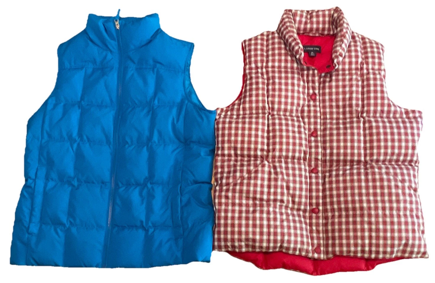 Lands' End Women’s M Plaid Snap & Blue Zipper Down Puffer Vests Quilted