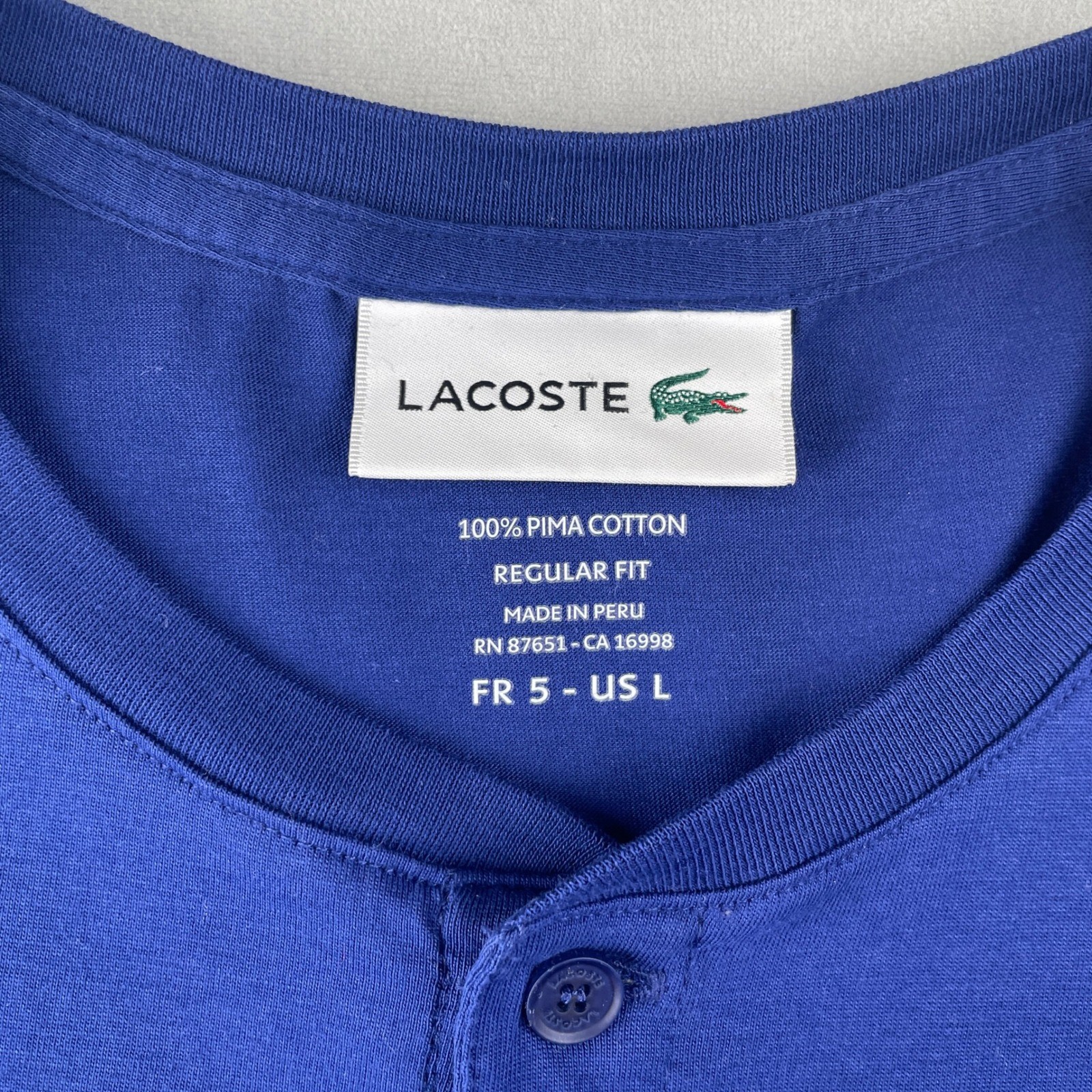 Lacoste T-Shirt Mens L/5 Blue Pima Cotton Short Sleeve Henley Regular Fit Croc thumbnail 6
