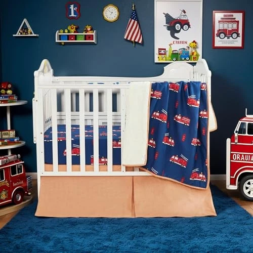 Juego de cama de cuna para camión de bomberos para niños niñas bebé guardería camión de bomberos rojo de 6 piezas Foto 3 de 4