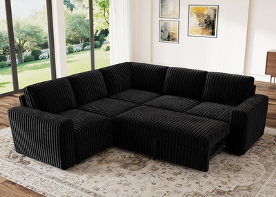 L-Shaped Corduroy Sectional Sofa Bed with Storage - Black