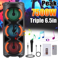 Triple 6.5  LED Portable Rechargeable Bluetooth Party Speaker  Wired Mic USB FM