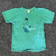 1970s 1980s Women T-shirt Green Hand Drawn Tie Dye Man Dog Random Graphic VTG