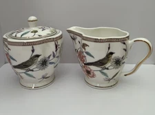 Grace Teaware Floral Birds Rose Gold Trim Sugar And Creamer Set NEW