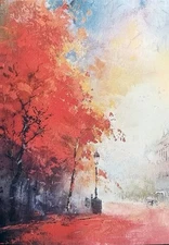 Fall Trees City Street Orange Red Postcard  Ephemera #5812 Tag Card