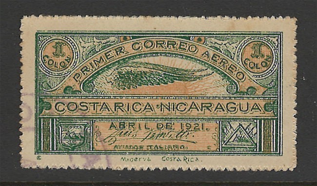 NICARAGUA SANABRIA #S1 USED 1921 FIRST SEMI-OFFICIAL AIRMAIL STAMP