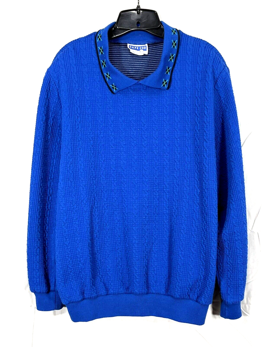 VTG CAPE COD Royal Blue CABLE KNIT Banded Hem ARGYLE TRIM Sweater