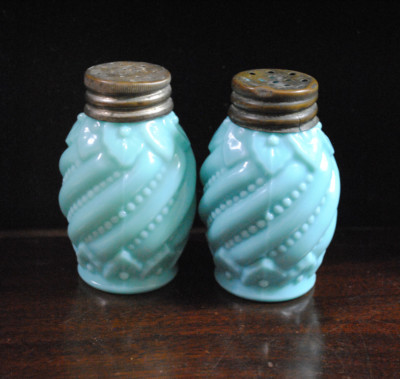 Antique EAPG Blue Glass Dithridge Beaded & Swirl Shakers Opaque and Opaline