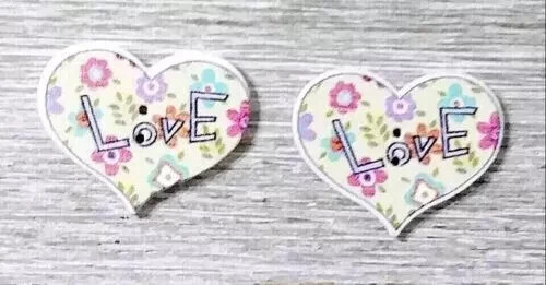 wood love heart sewing buttons 2 holes 1 inch purple pink flower 2pc - Picture 1 of 2