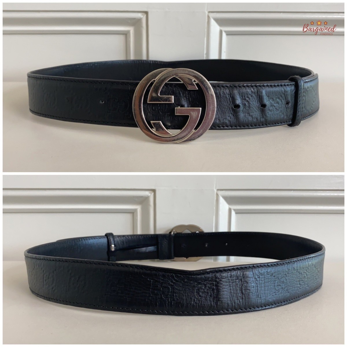 Authentic Gucci Black Guccissima Leather Silver Interlocking G Buckle Belt 95/38 Gucci Guccissima Signature Interlocking G 40mm Belt 95 38  main image 2