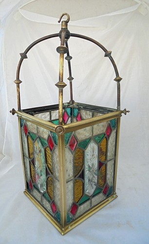 Victorian Stained Glass Ceiling / Hall Lantern Shade Brass Framed - Picture 2 of 10