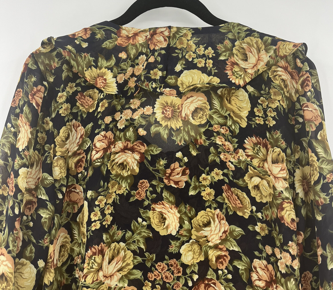 Vintage Sostanza Y2K Navy Floral Ruffled Popover Blouse Size Medium Flowy