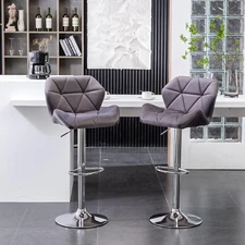 Breni Velvet Diamond Tufted Swivel Adjustable Height Barstools, Set of 2, Gray