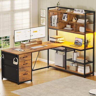 L Shaped Gaming Desk Home Office Computer Desk Study Table w/ Drawer LED Light